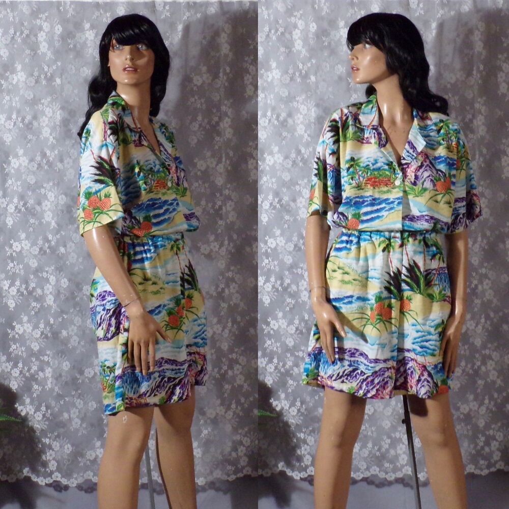 Vintage 80s Hawaiian Set Size Medium M/L Retro 80s Womens Shorts & Top PJs